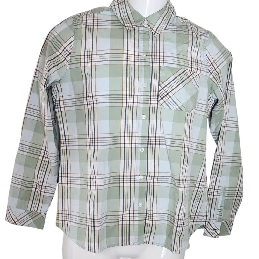 Croft & Barrow Womens Plaid GreenTan Cotton Button Up Shirt Long Sleeve W Small